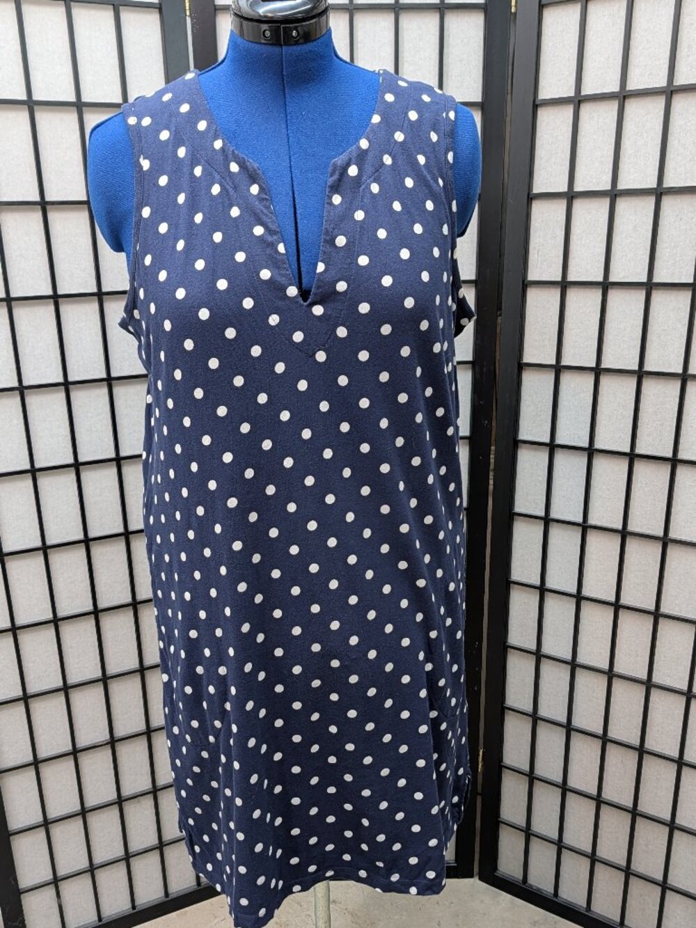 Lands' End Women's Large Petite 14-16 Blue White Polka Dot Cotton Dress Pockets